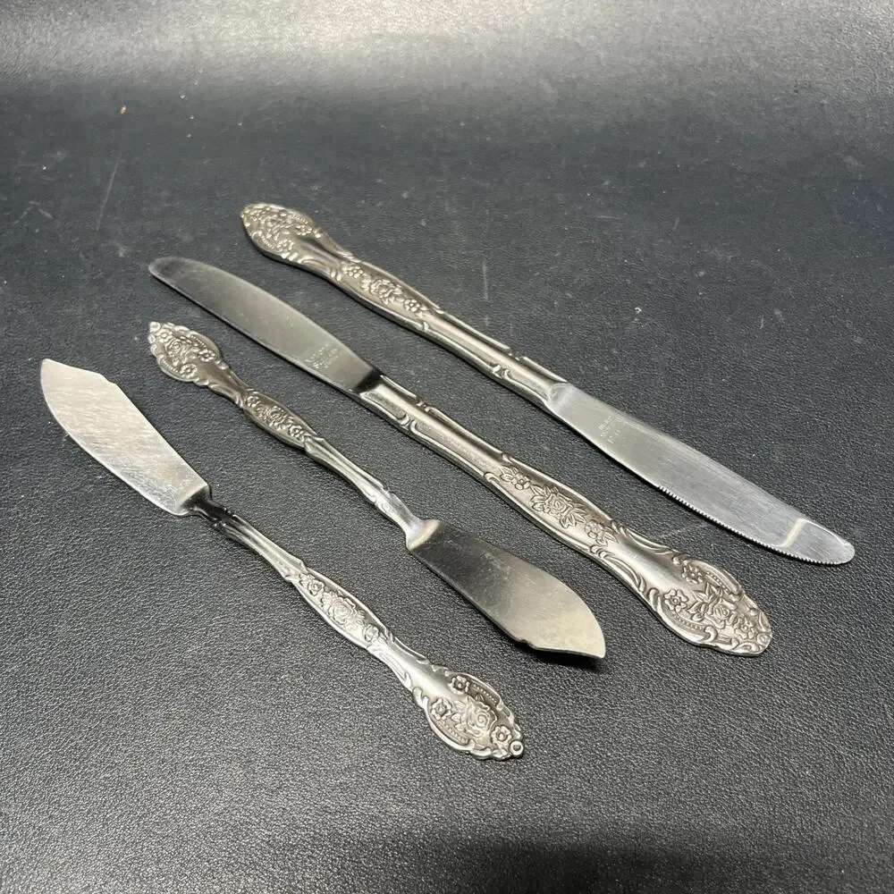 Vtg National Stainless Dinner Knives & Butter KnivesRose Flower Made In Japan. N